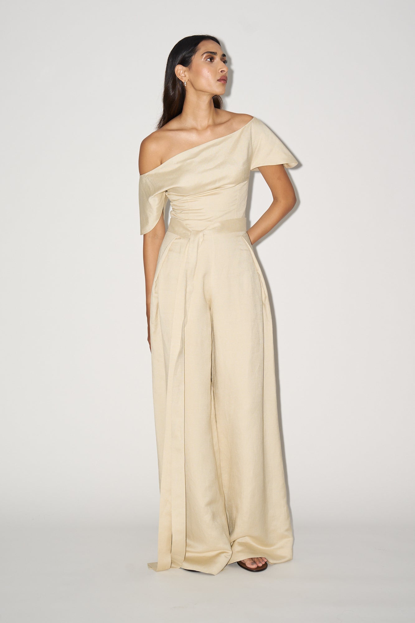 Beige linen bardot top