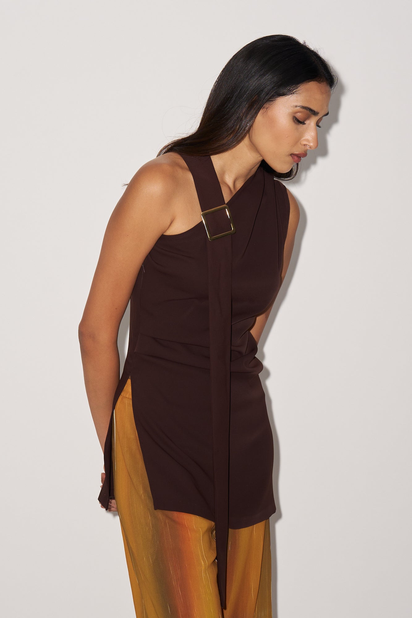 Brown asymmetric top with buckle