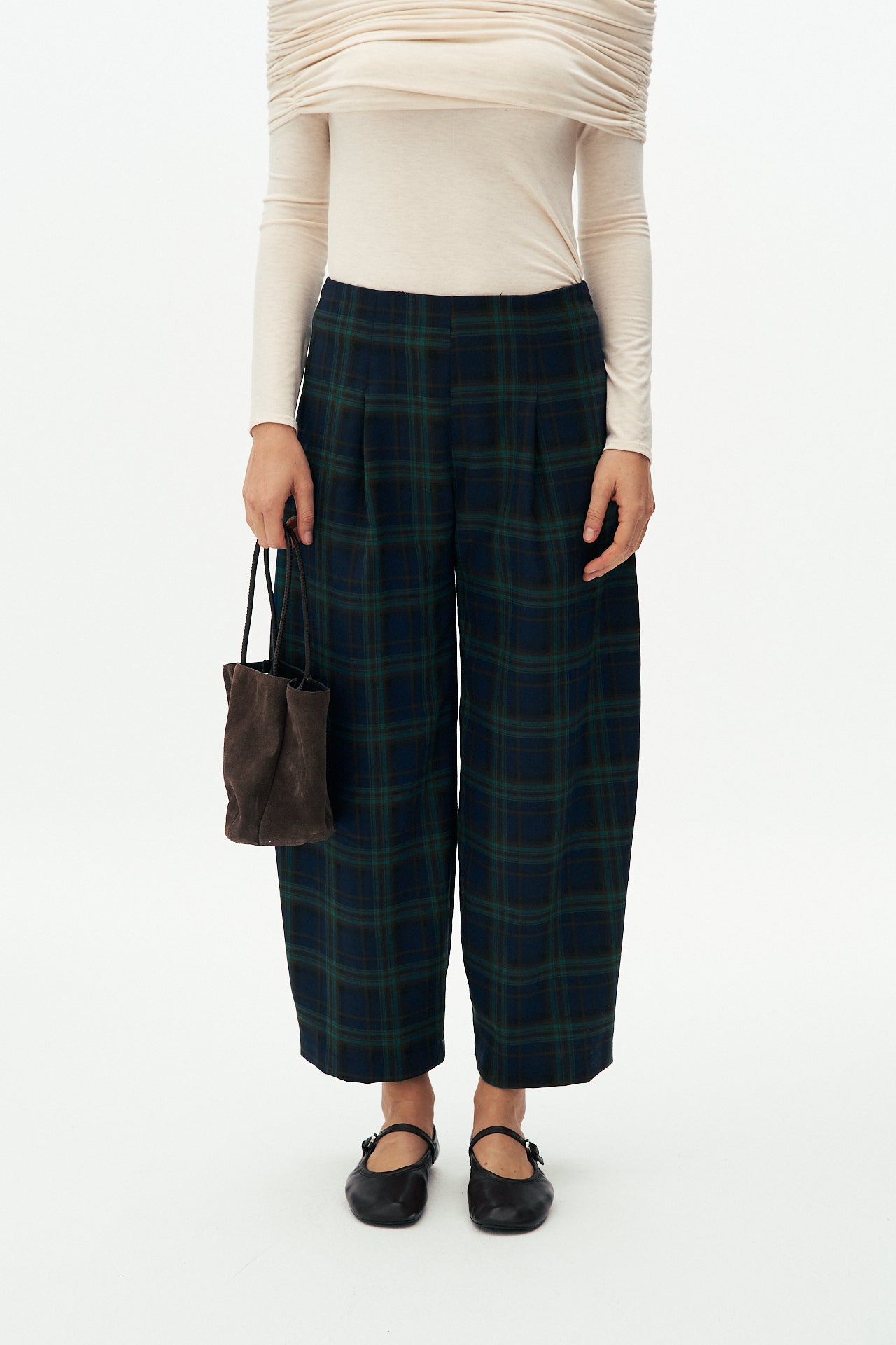Plaid barrel fit trousers