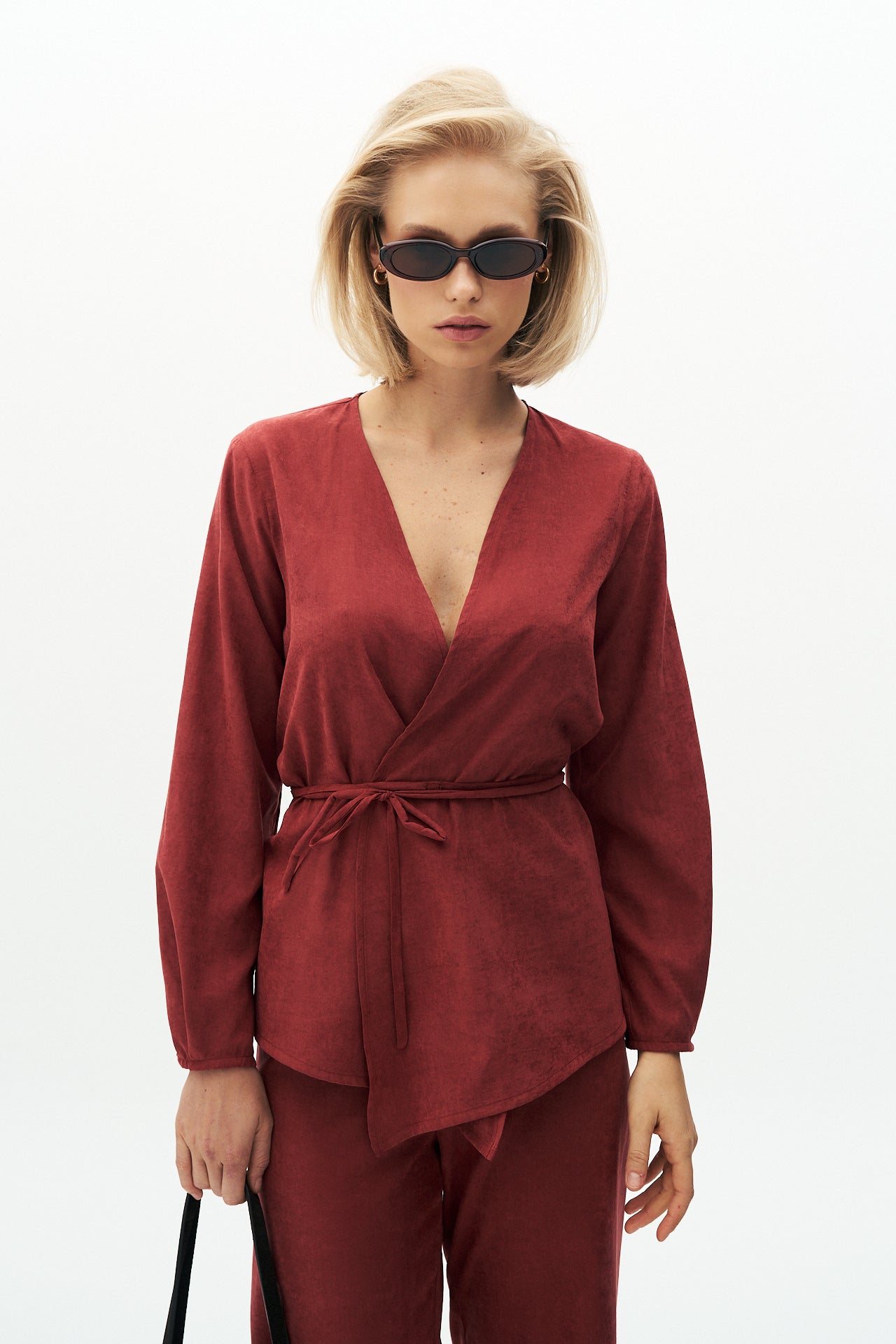 Red textured blouse with tie