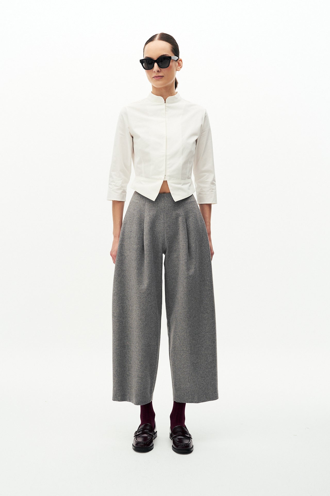 Wool blend barrel trousers