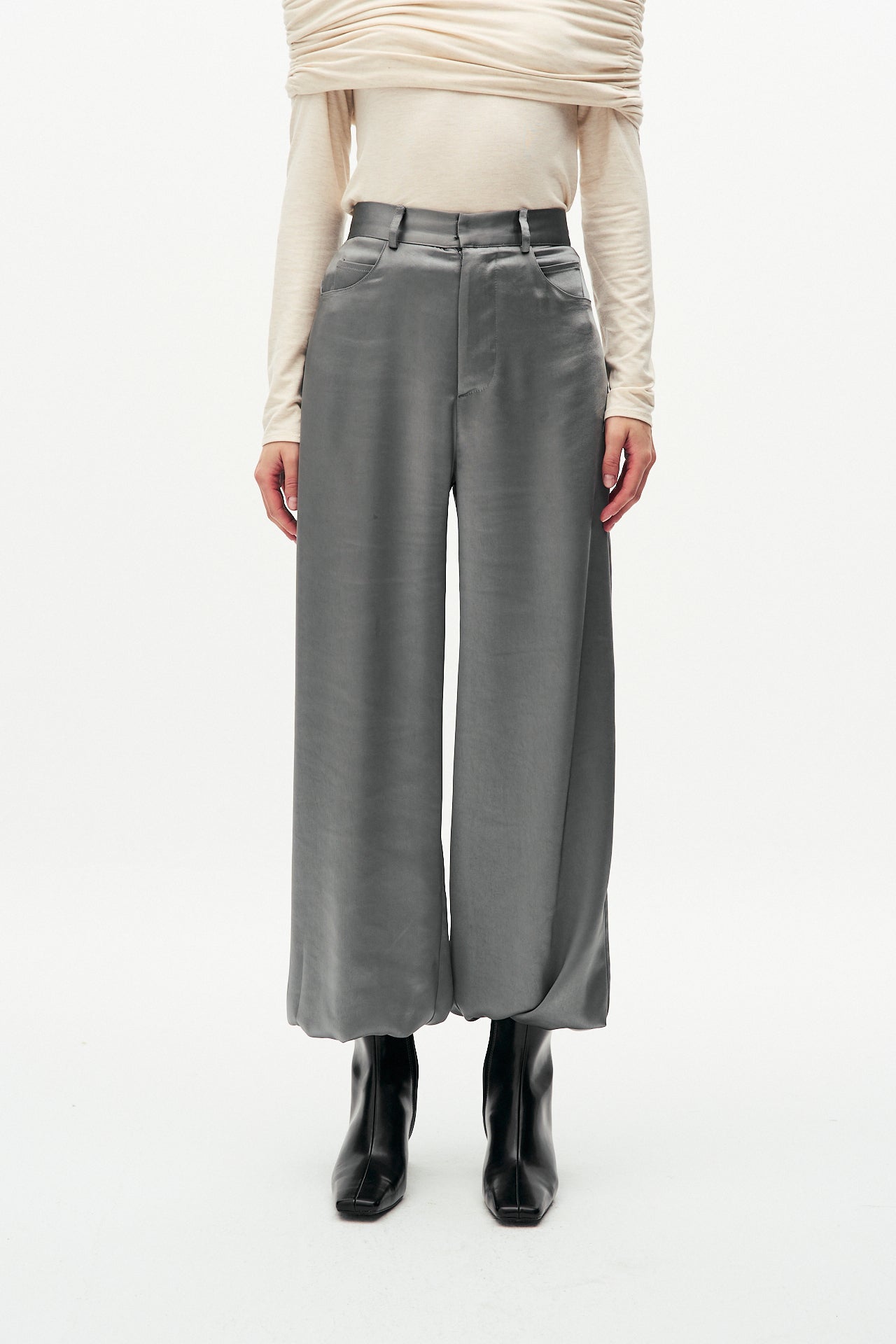 Silver satin trousers