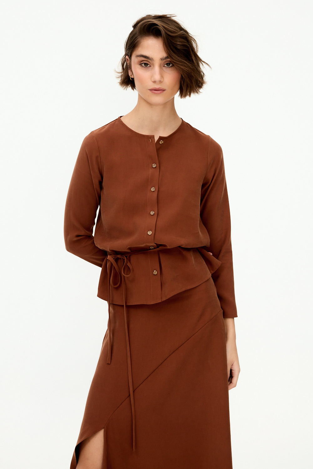 Brown lyocell blouse with belt