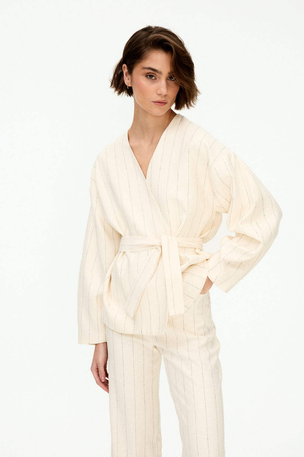 White pinstripe kimono