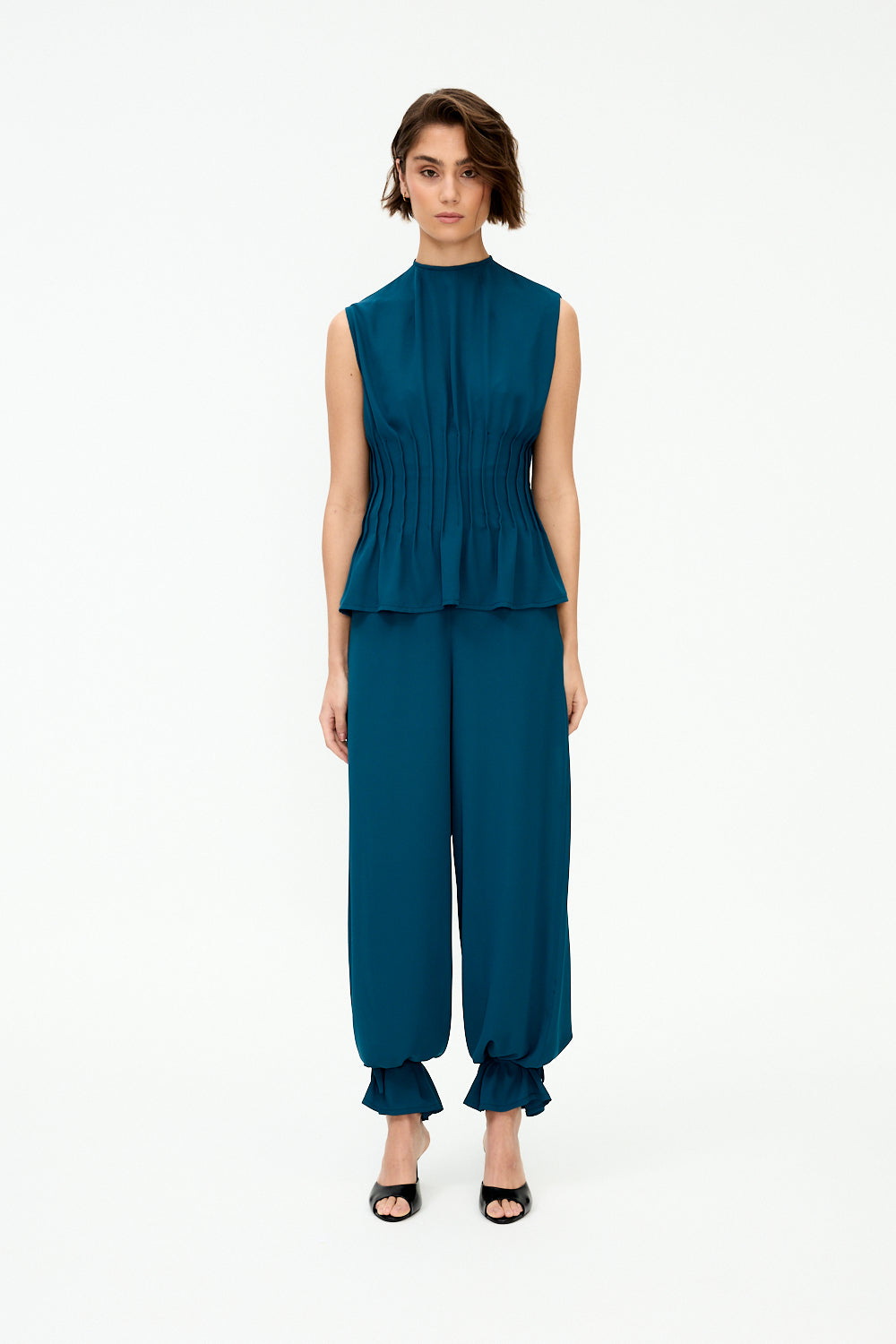 Pantalones globo de georgette verde azulado